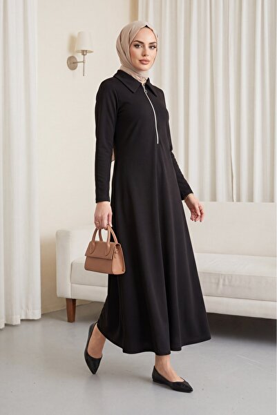 Modamorfo Half Zipper Shirt Collar Long Dress - Black