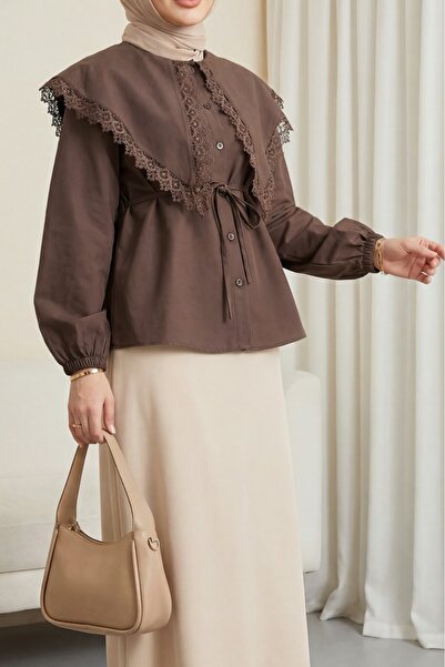 Modamorfo Lace Detailed Wide Collar Lace-Up Elastic Sleeve Poplin Shirt - Dar...