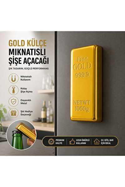 NazLand Gold Külçe Şişe Açacağı Mıknatıslı Metal Açacak Dekoratif Tasarım