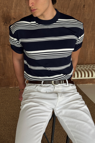 HYMAN Men's Crew Neck Oversize Striped Knitwear T-Shirt