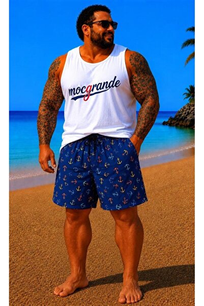 MocGrande Men's Large Size Swim Shorts Printed 26613 Light Navy Blue