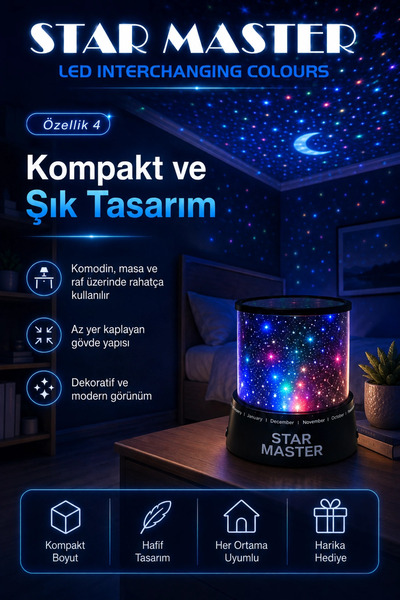 Eco Lounge Çocuk Odası İçin Renkli Yıldız Yansımalı LED Gece Lambası Dekorati...