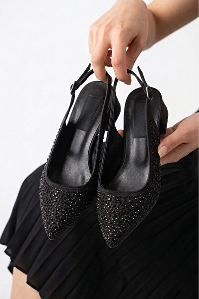 Elit Brave 8884 Black Stone Detailed Comfortable Women's Low Heeled Shoes