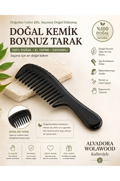 Wolawood Doğal El Yapımı Boynuz Tarak – Antistatik Geniş Dişli %100 Natural K...