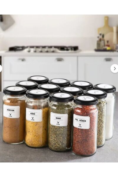 SARINCI Premium Glass Spice Jar Set 12 Pieces 244 ml Labeled