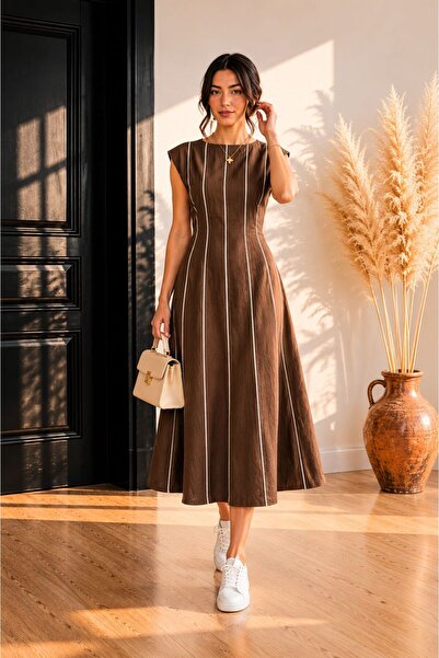 AyShop Brown Piping Linen Dress