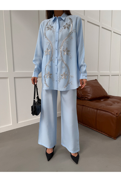 MİA NOURA Women's Shirt with Stone Embroidery on Shoulders and Sleeves, Stand...