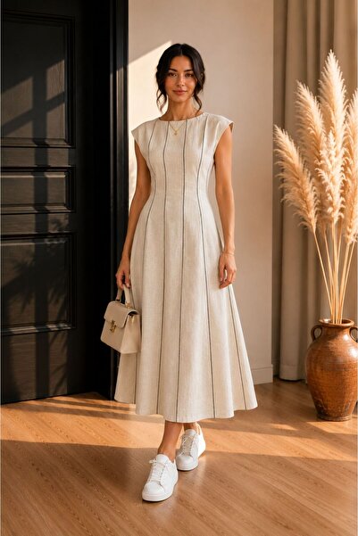 AyShop Brown Piping Linen Dress