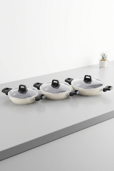 Taç Master Ceramica Cam Kapaklı 6 Parça Seramik Sahan Seti Beyaz