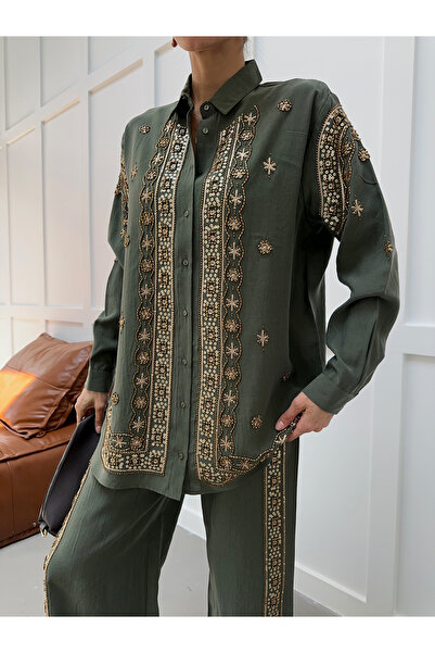 MİA NOURA Women's Oversize Shirt with Embroidered Front and Sleeves, Beaded Work