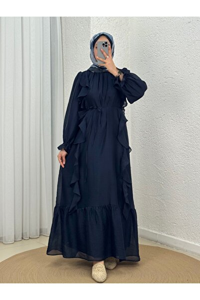 MİHRA STORE Sadakat Boydan Ruffled Voile Dress-Pa9884 Navy Blue