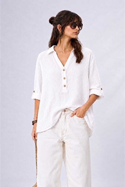 CES.İZ Women's Piece Painting Muslin Shirt with Washed Effect Oversize Loose ...