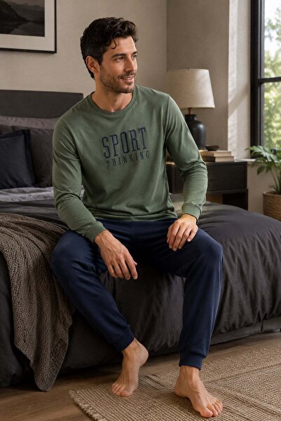 PİJAPİA Men's Long Sleeve 100% Cotton Pajama Set Khaki
