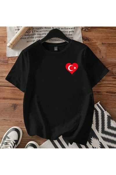 SUNFREE Heart Turkish Flag Printed Oversize Basic Short Sleeve Unisex Tshirt
