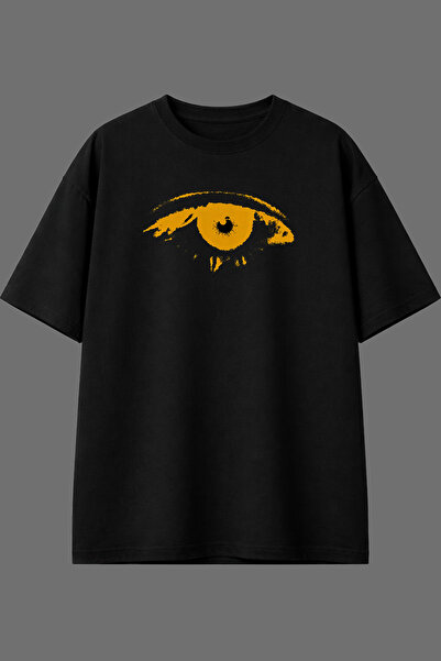 VSRN Tricou oversize negru cu imprimeu frontal cu design ochi galbeni