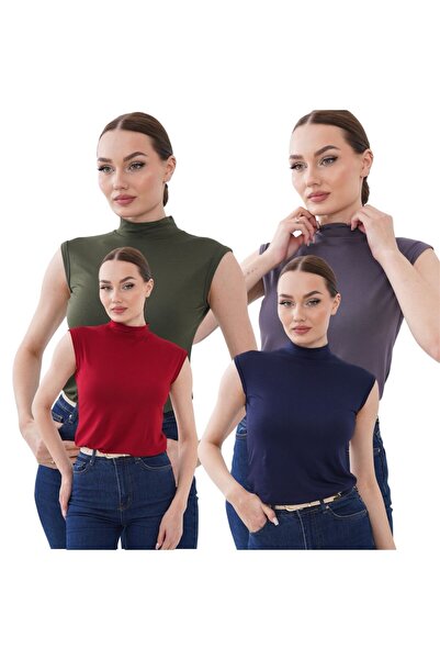 bykombincim Kadın 4'lü Sıfır Kol Kolsuz Body VİSKON Yarım Boğazlı Body 4 Adet