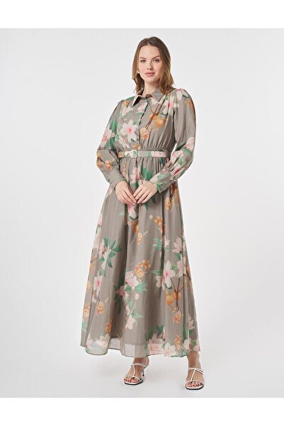 Kayra Floral Desen Elbise Küf Yeşili