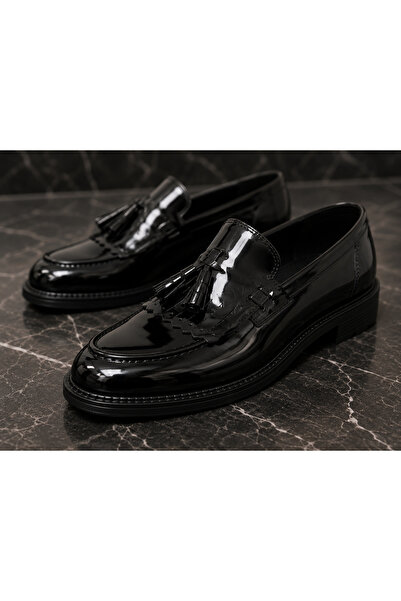 ROY SHOES Siyah parlak rugan püsküllü corcik Kolej günlük rahat laofer ayakkabı