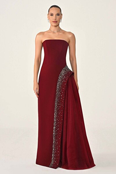 ALFABETA Stone Detailed Crepe Tulle Strapless Long Dress - Alfabetta