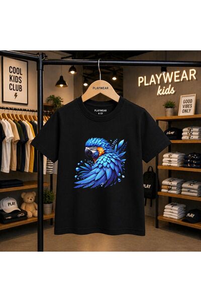 playwear Μπλουζάκι με στάμπα μπλε παπαγάλου 100% παιδικό unisex 5 6 -7 8-9 10...
