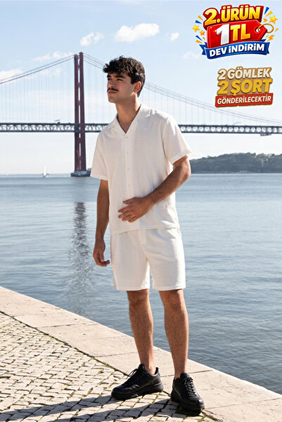 DAMGA JEANS Men's Relax Fit Shirt Basic Shorts White Summer Linen Two-Piece Set