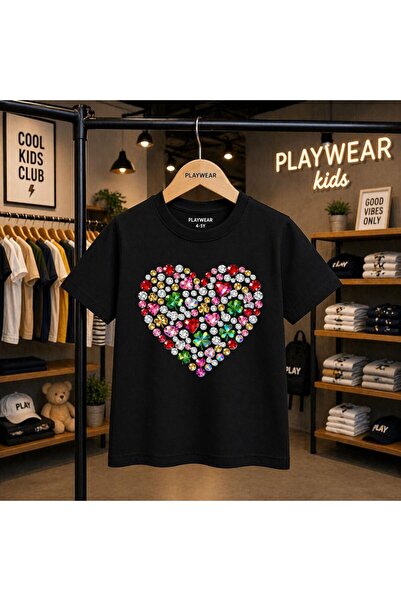 playwear Diamond Stone Heart Printed 100% Kids Unisex T-Shirt 5 6 -7 8-9 10 -...
