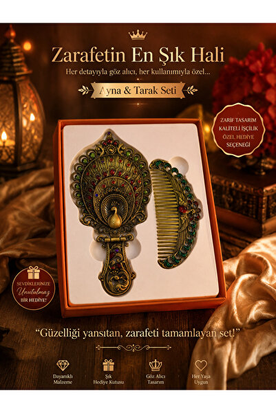 seymen bıçakçılık Vintage Tavus Kuşu Desenli Ayna & Tarak Seti – Dekoratif He...