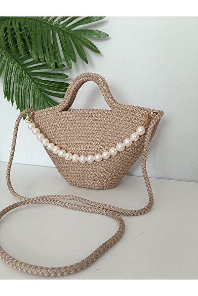 VeronicA Dark Beige New Model Pearl Handle Zippered Hand and Shoulder Bag