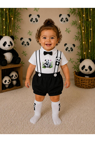 Feriatolye Panda Concept 1 Year Old Boy's Salopet Socks Bow Tie Set