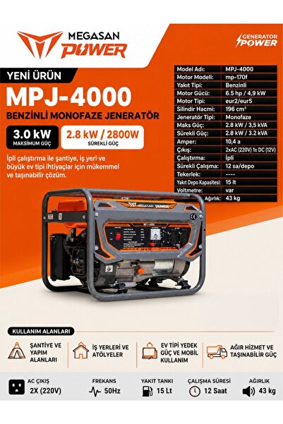 MEGASAN Power Benzinli Marşlı Jeneratör MPJ-4000