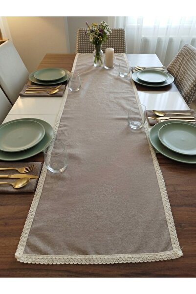 denizli hatırası Natural Linen Soft Fabric Cream Laced 45X115 cm Runner