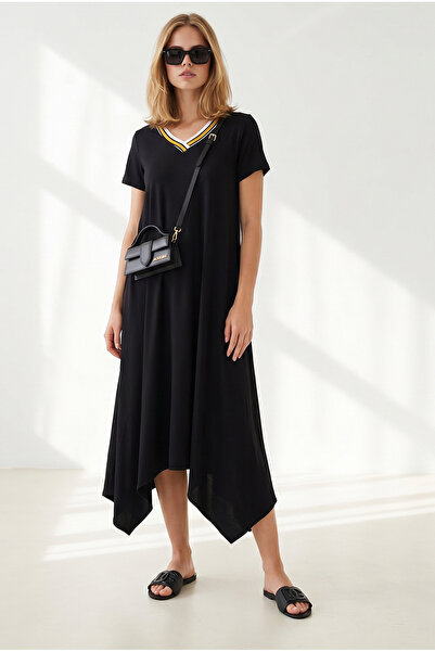 Olalook Women's Black V-Neck Skirt Asymmetrical Knitted Viscose Dress Elb-190...