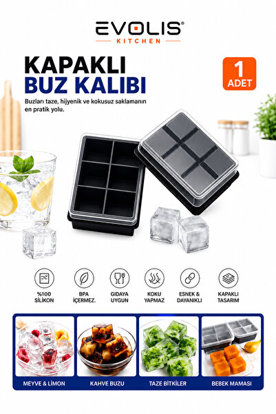 evolis kitchen 1 Adet 6 Bölmeli Büyük Boy Silikon Kapaklı Buz Kalıbı-Silikon ...