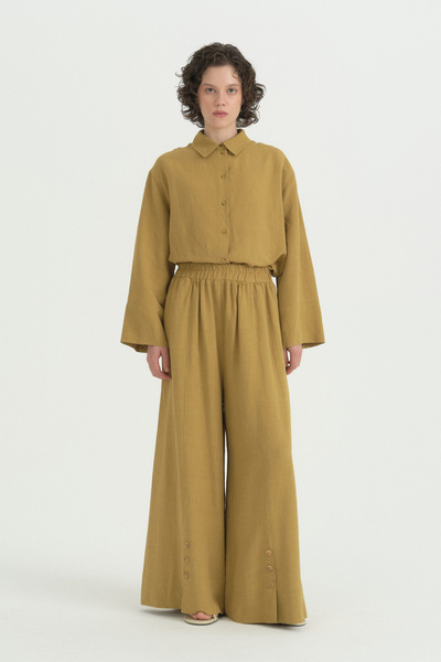 Nihan Pile Detailed Linen Wide Leg Trousers - Acid