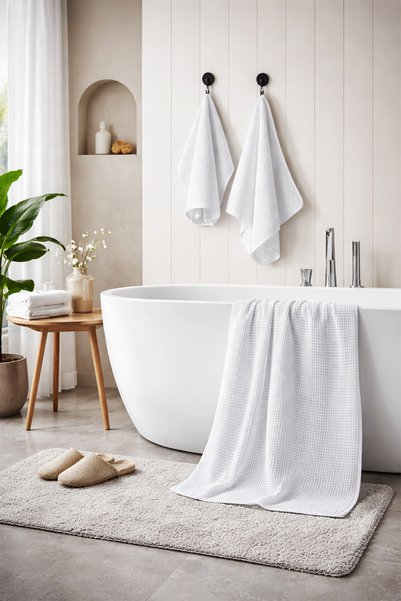 AXXO Set of 5 White Waffle Microfiber Towels 400 G/M² - Ultra Absorbent Quick-Drying Bath Towels
