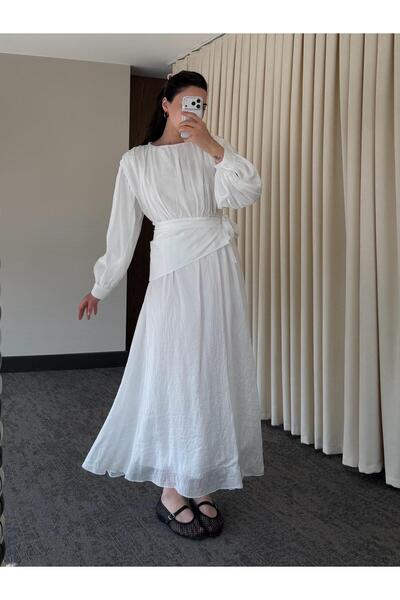 My Blog White Modest Belted Dress with Elastic Waist - 7051