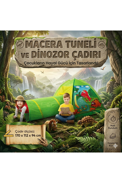 Cici Oyuncak Kız Erkek Çocuk Tünelli Dinozor Temalı Oyun Evi Çadır Aktivite İ...