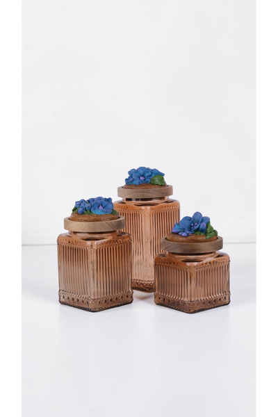 byUZUNOĞLU French Country Acacia Lid Premium Jar Set of 3 - Sapphire Flower D...