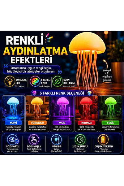 LİNALP RGB Denizanası Gece Lambası USB Şarjlı Dokunmatik Ortam Aydınlatma Mas...