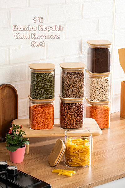 Porsima 5-4 Bamboo Vacuum Lid Square Borosilicate Glass 8-Piece Jar Set Stora...