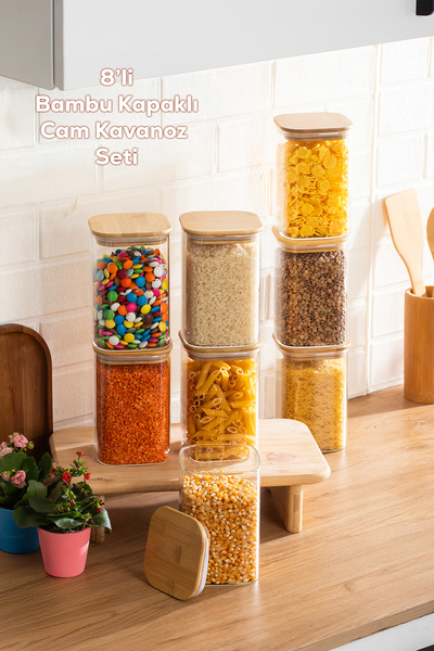 Porsima 6-4 Bamboo Vacuum Lid Square Borosilicate Glass 8-Piece Jar Set Stora...