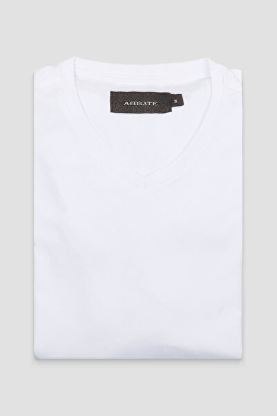 Abbate Vita Merserize Pamuklu Modern Fit Beyaz V Yaka Erkek Düz T-Shirt