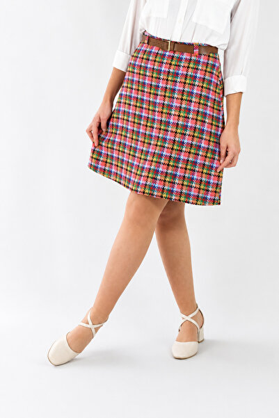 YAXİ High Waisted Chanel Woven Fabric Knee-Length Colorful Plaid Patterned A-...