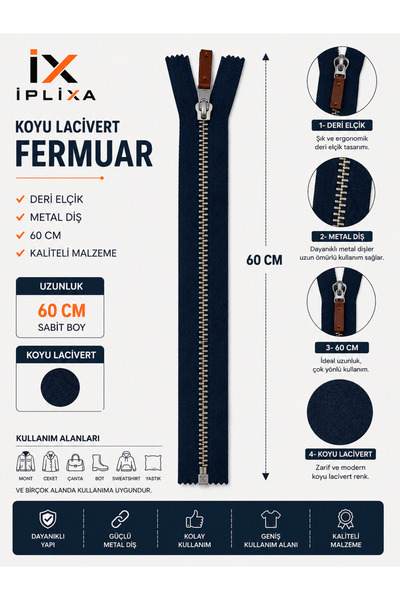 İPLİXA Koyu Lacivert Metal Diş Fermuar 60 CM Deri Elcikli Dayanıklı Çanta Mon...