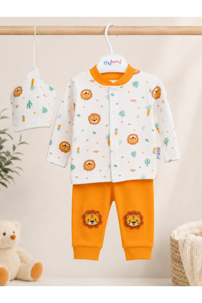 Üçlü Takım Yenidoğan Bebek Takımı Aslan Baskı Desenli Pamuklu 6'lı Set