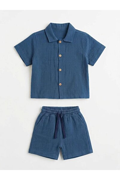 Generic Boy's Blue Muslin Shirt Shorts 2-Piece Set