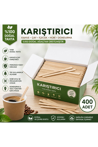 Vi Caro 400 Adet %100 Doğal Pratik Ahşap Kahve Karıştırıcı Çubuk Tek Kullanım...