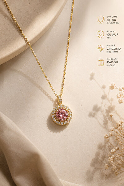 OEM Women's Gold Plated Chain with Pink Zircon Pendant, Elegant Necklace 45 c...