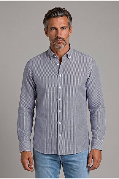 Bisse Brown Regular Fit Cotton Linen Long Pasha Collar Shirt