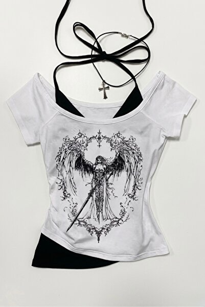 Köstebek Beyaz Sword Warriror Angel Madonna Yaka Ek Askılı Bluz